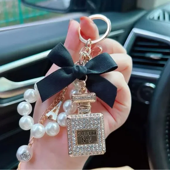 Paris Chanel Keychain Black Bow and Pearl Accents - Picture 1 of 1